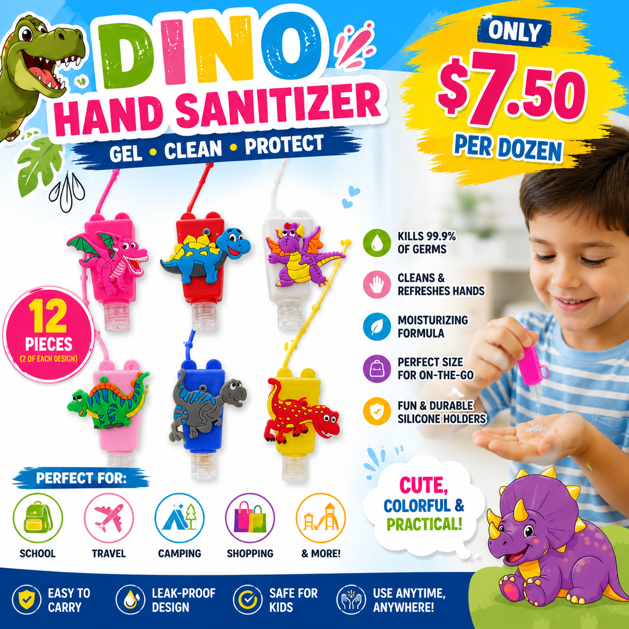 12PCS PACK COLORED DINOSAUR HAND SANITIZERS KNV-3193