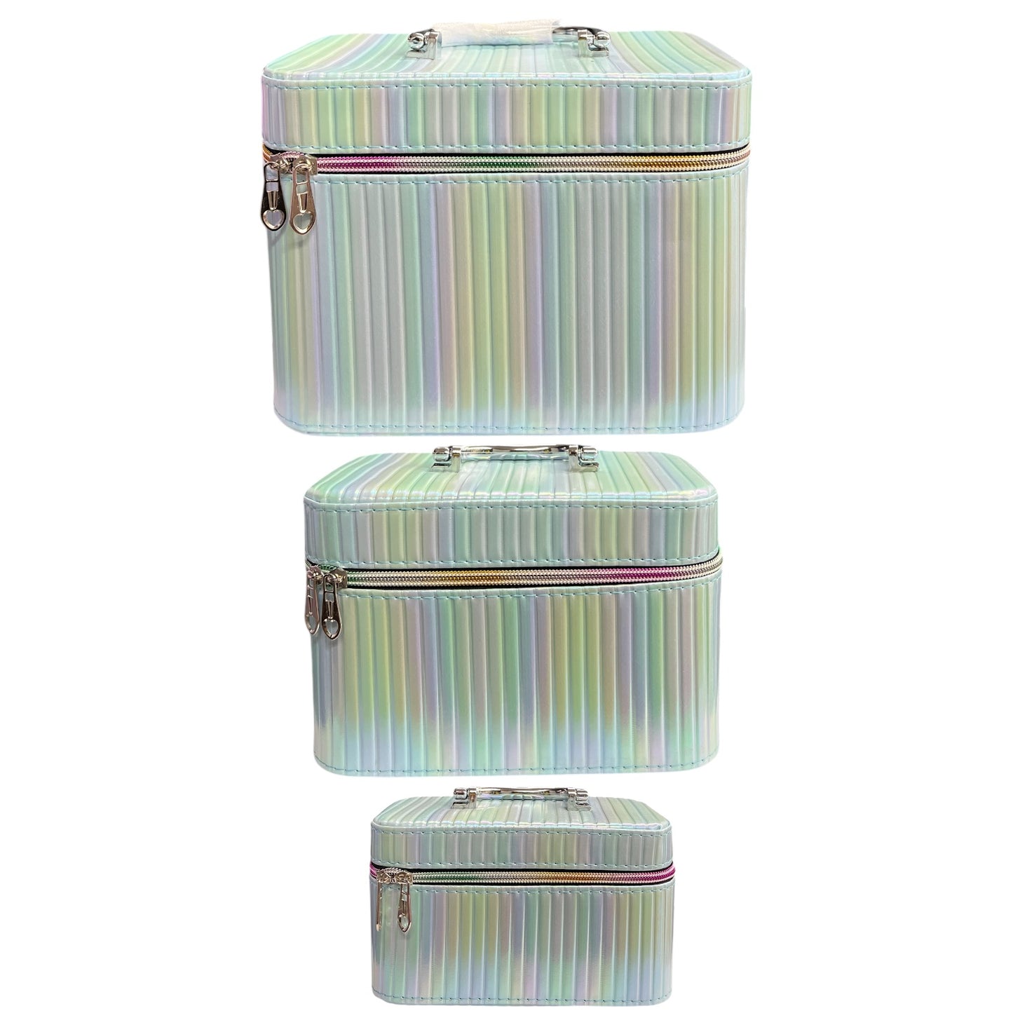 BLUE HOLOGRAPHIC 3 PCS CARRY ON MAKEUP BOX