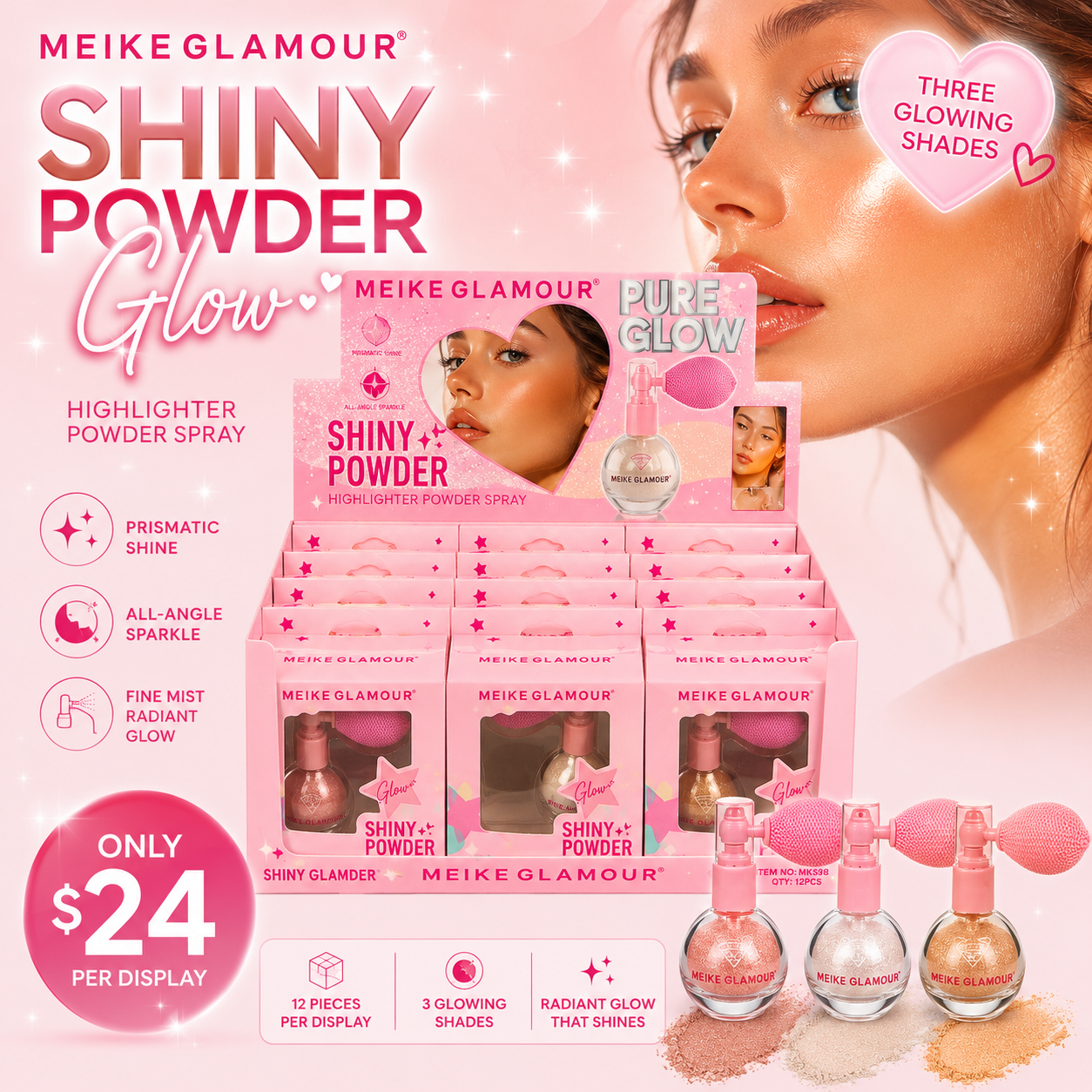 12PCS DISPLAY MEIKE GLAMOUR SHINY HIGHLIGHTER POWDER MK598