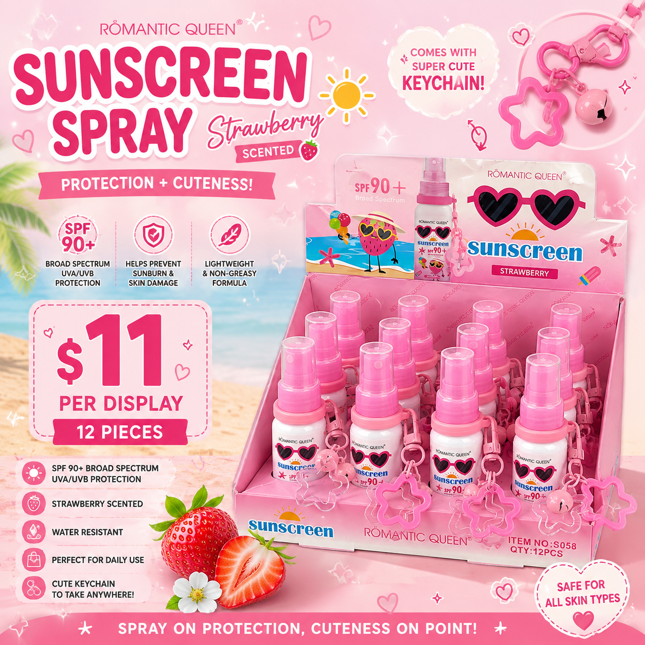 12PCS DISPLAY ROMANTIC QUEEN SPRAY SUNSCREEN STRAWBERRY SPF90+