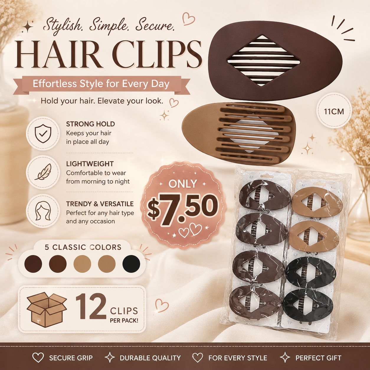 12PCS PACK BROWNS HAIR CLIPS DHC-1210