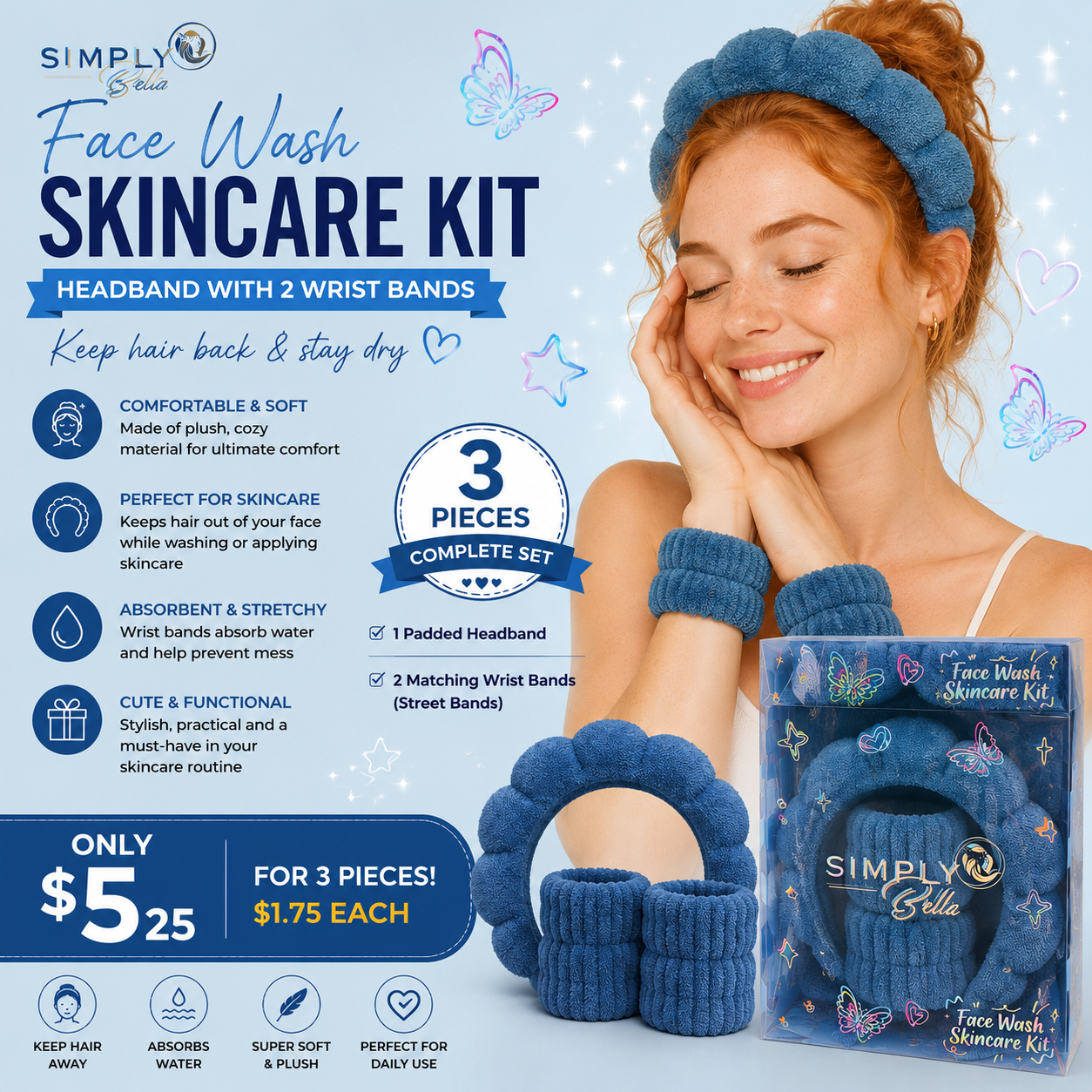 3PCS SIMPLY BELLA DARK BLUE SPA HEADBAND + 2 WRISTBANDS STB010