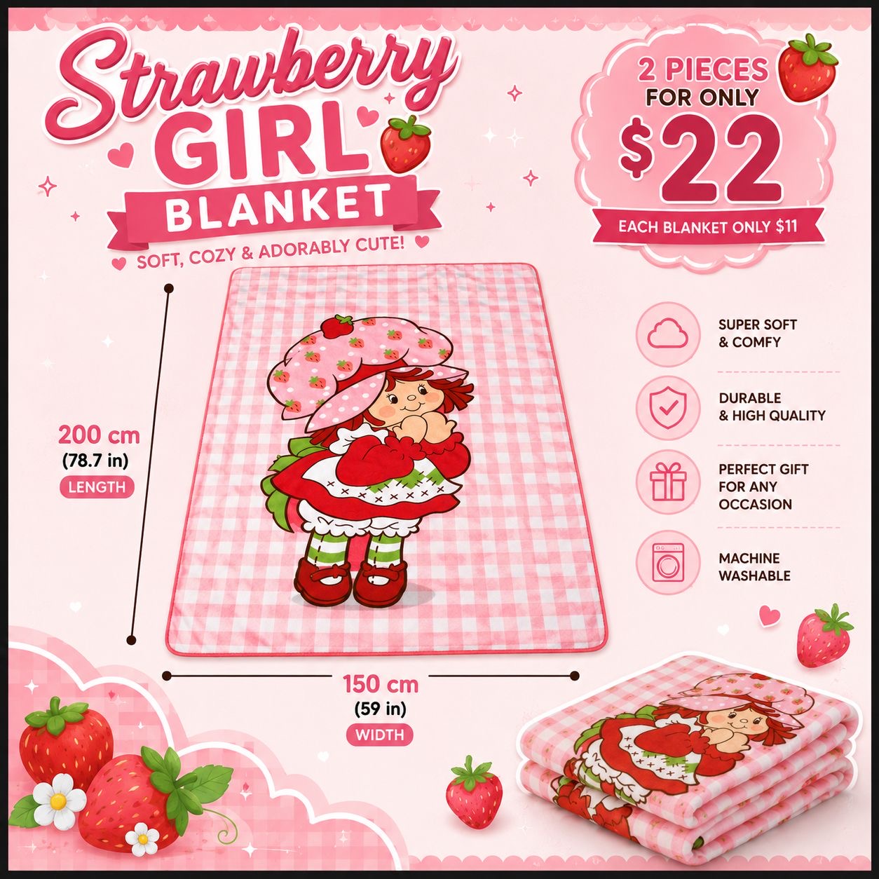 2PCS PINK PRETTY STRAWBERRY GIRL BLANKET