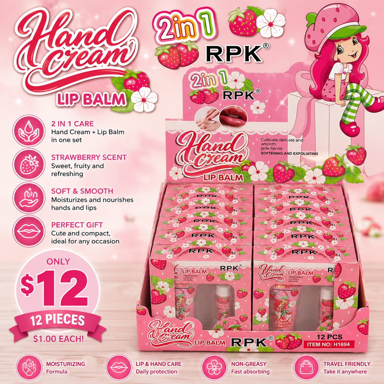 12PCS DISPLAY RPK STRAWBERRY GIRL HAND CREAM & LIP BALM H1694