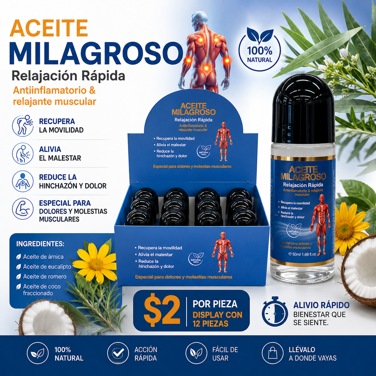 12PCS DISPLAY ACEITE MILAGROSO ALIVIA MALESTAR RB-121
