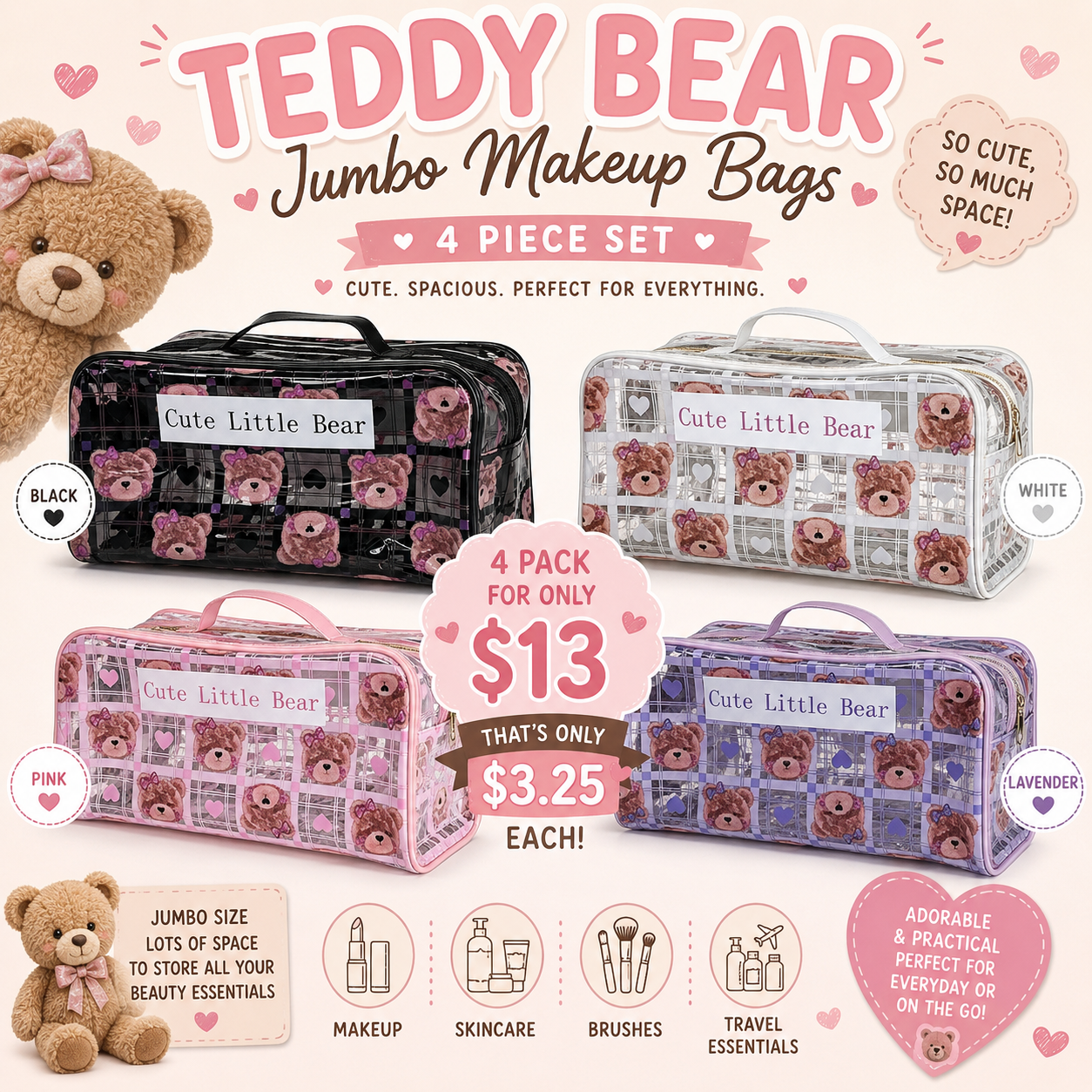 4PCS PACK CUTE BEAR TRANSPARENT MAKE UP BAGS MBBB
