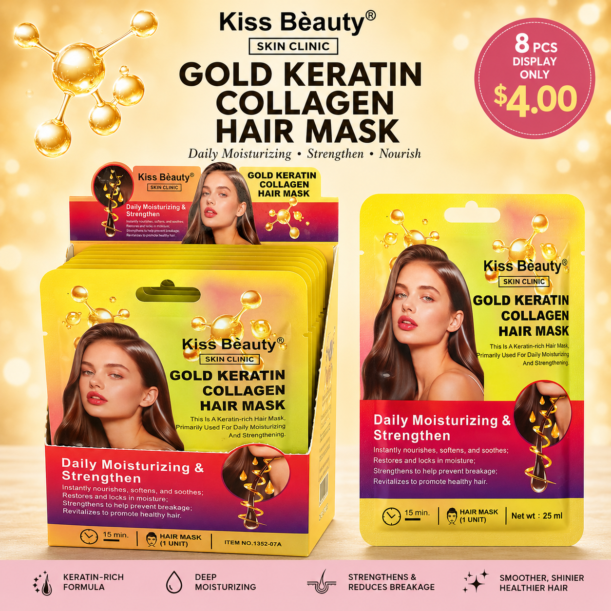 8 PCS DISPLAY KISS BEAUTY GOLD KERATIN COLLAGEN HAIR MASK 1352-07A