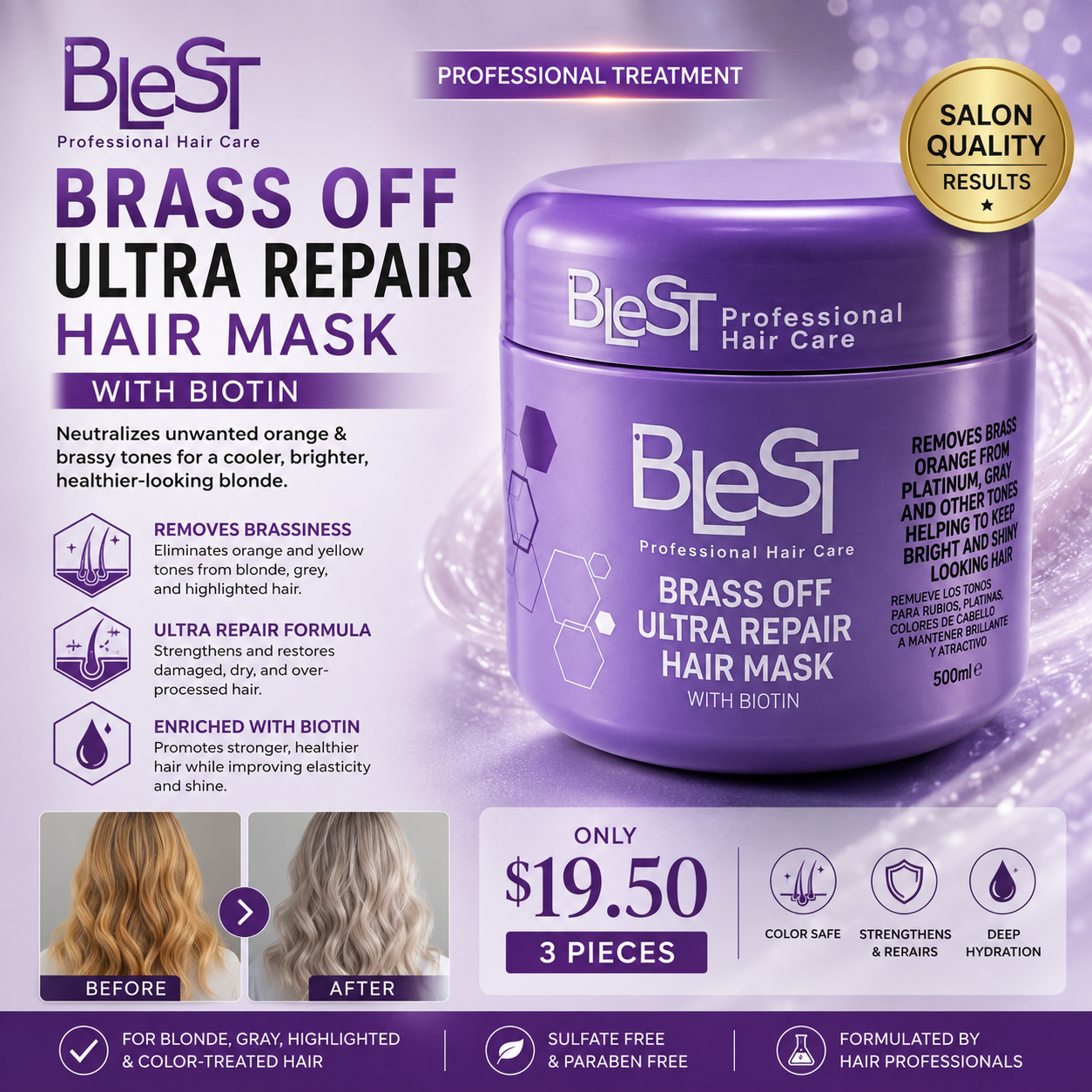 3PCS BLEST BRASS OFF ULTRA REPAIR HAIR MASK BH717