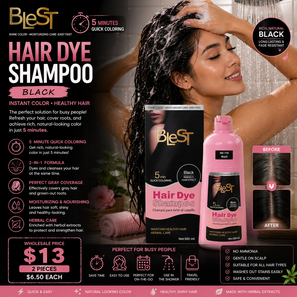 2PCS BLEST BLACK HAIR DYE SHAMPOO HD-770