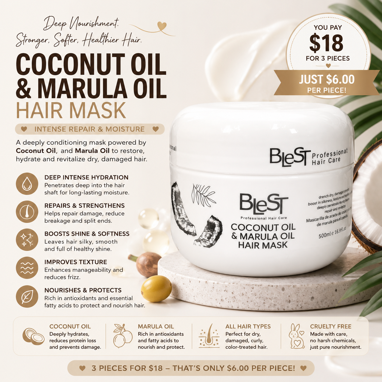 3PCS BLEST COCONUT & MARULA HAIR MASK BH719