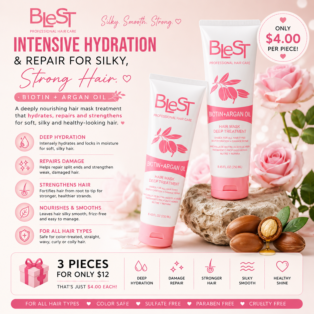 3PCS BLEST BIOTIN + ARGAN OIL HAIR MASK DEEP TREATMENT HM-09
