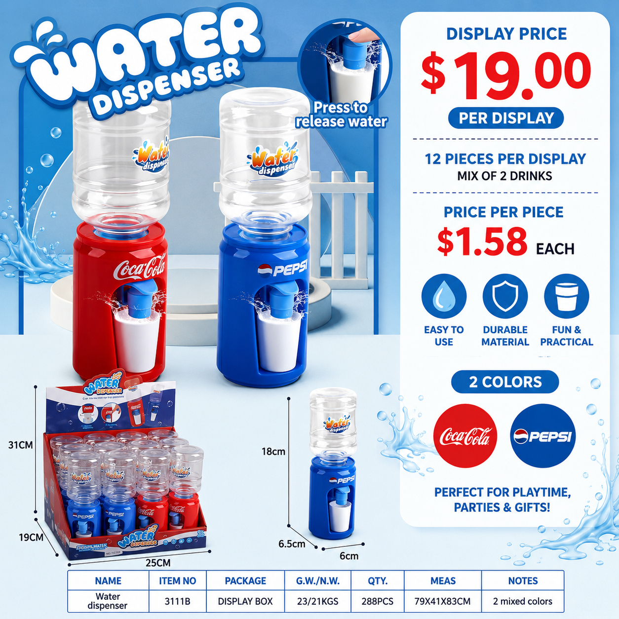 12PCS DISPLAY PEPSI & COCA COLA MINI WATER DISPENSER