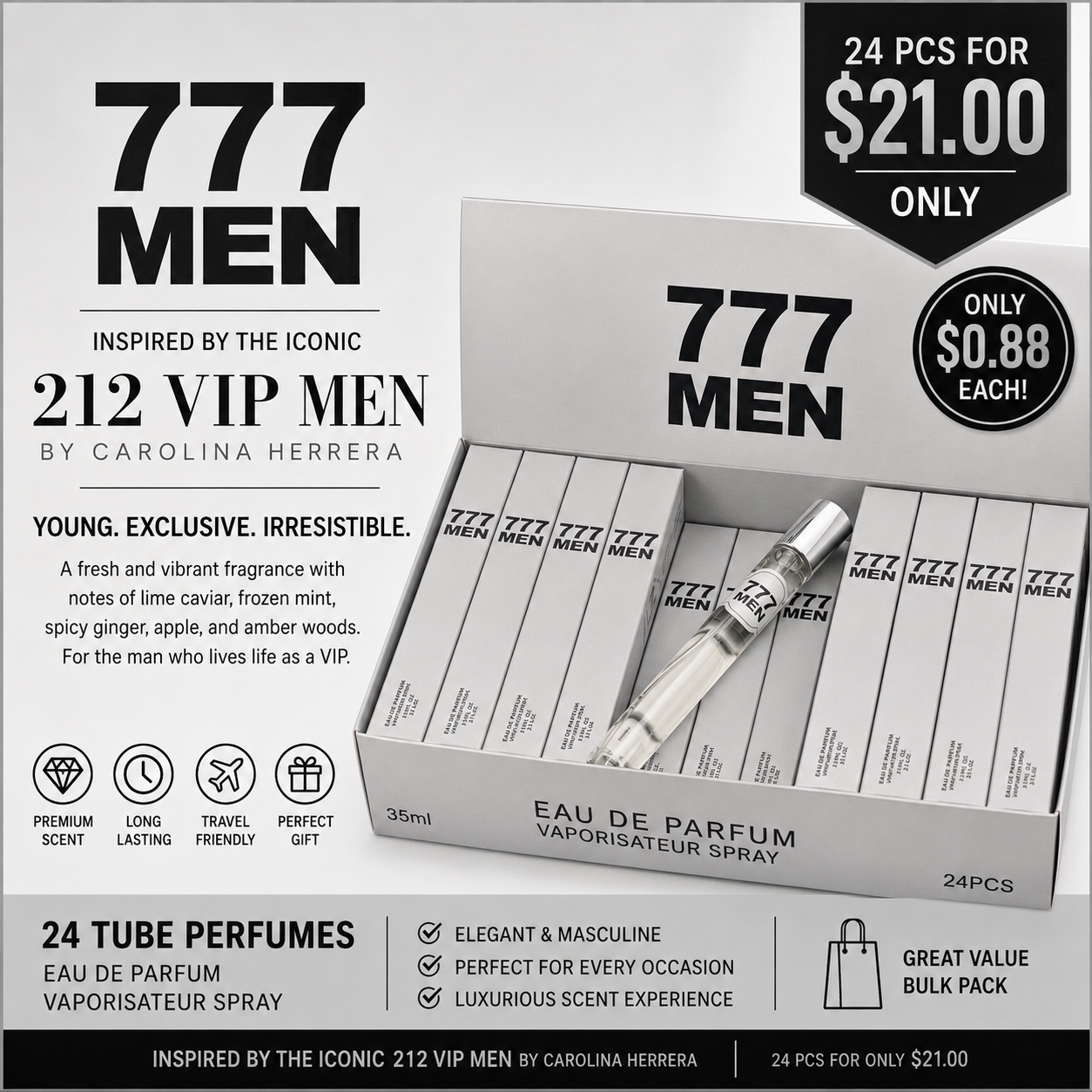 24PCS DISPLAY 777 MEN TUBE PERFUME EBC2049TR