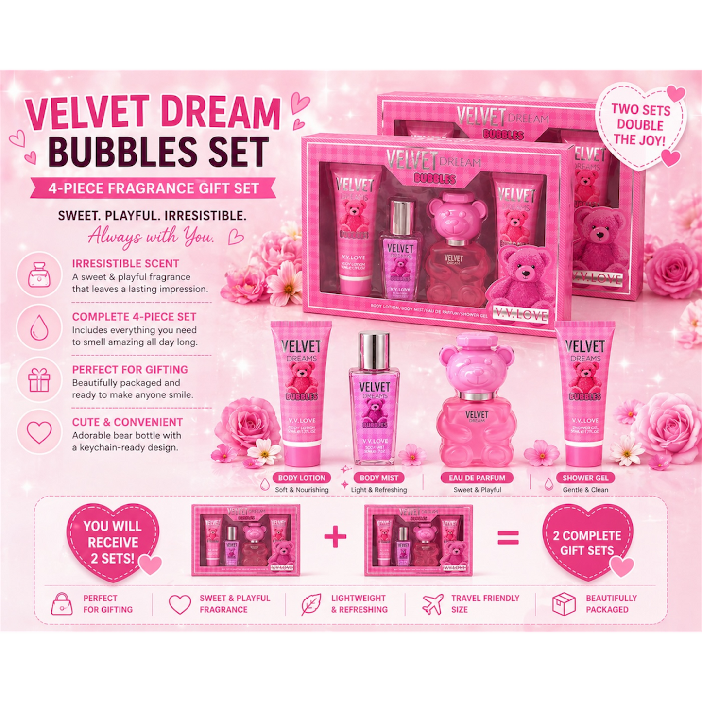 2 SETS V.V LOVE TEDDY BEAR FRAGRANCE MIST SET MOSCHINO DUPE
