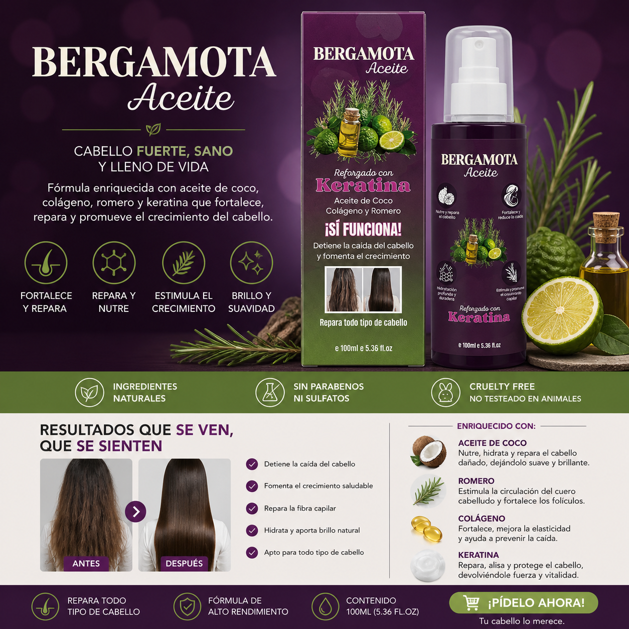 3PCS ACEITE BERGAMOTA REFORZADO CON KERATINA, ROMERO Y COLÁGENO BM-4001