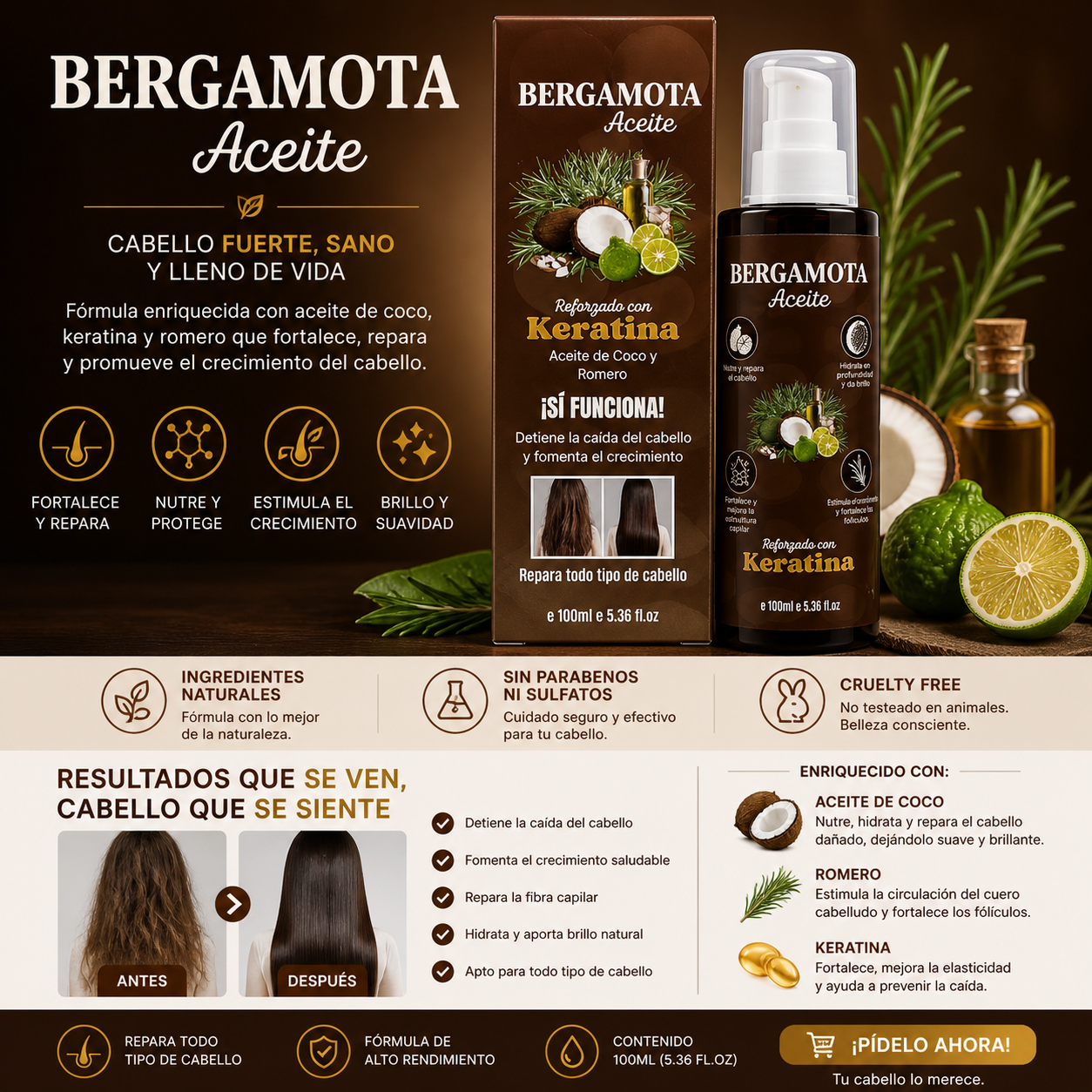 3PCS ACEITE BERGAMOTA REFORZADO CON KERATINA Y COCO BM-4002