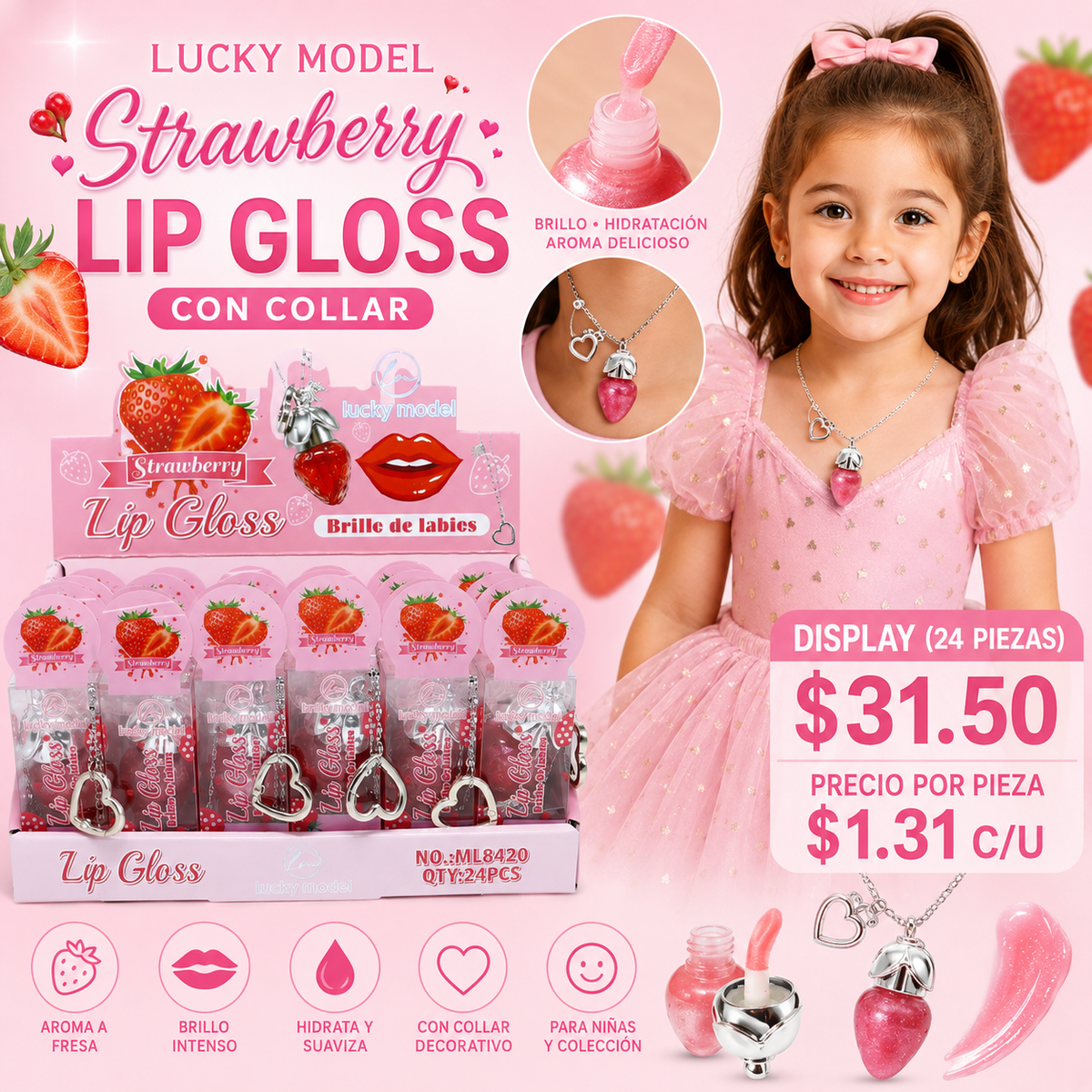 24PCS LUCKY MODEL STRAWBERRY NECKLACE LIPGLOSS ML8420