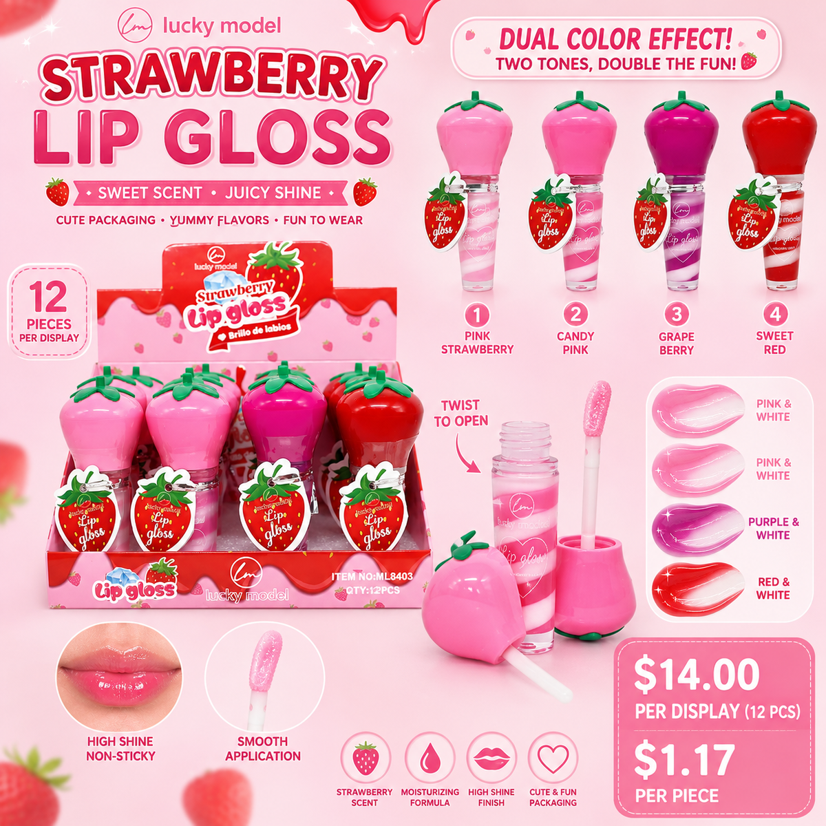 12PCS DISPLAY LUCKY MODEL COLORED STRAWBERRY LIPGLOSS ML8403