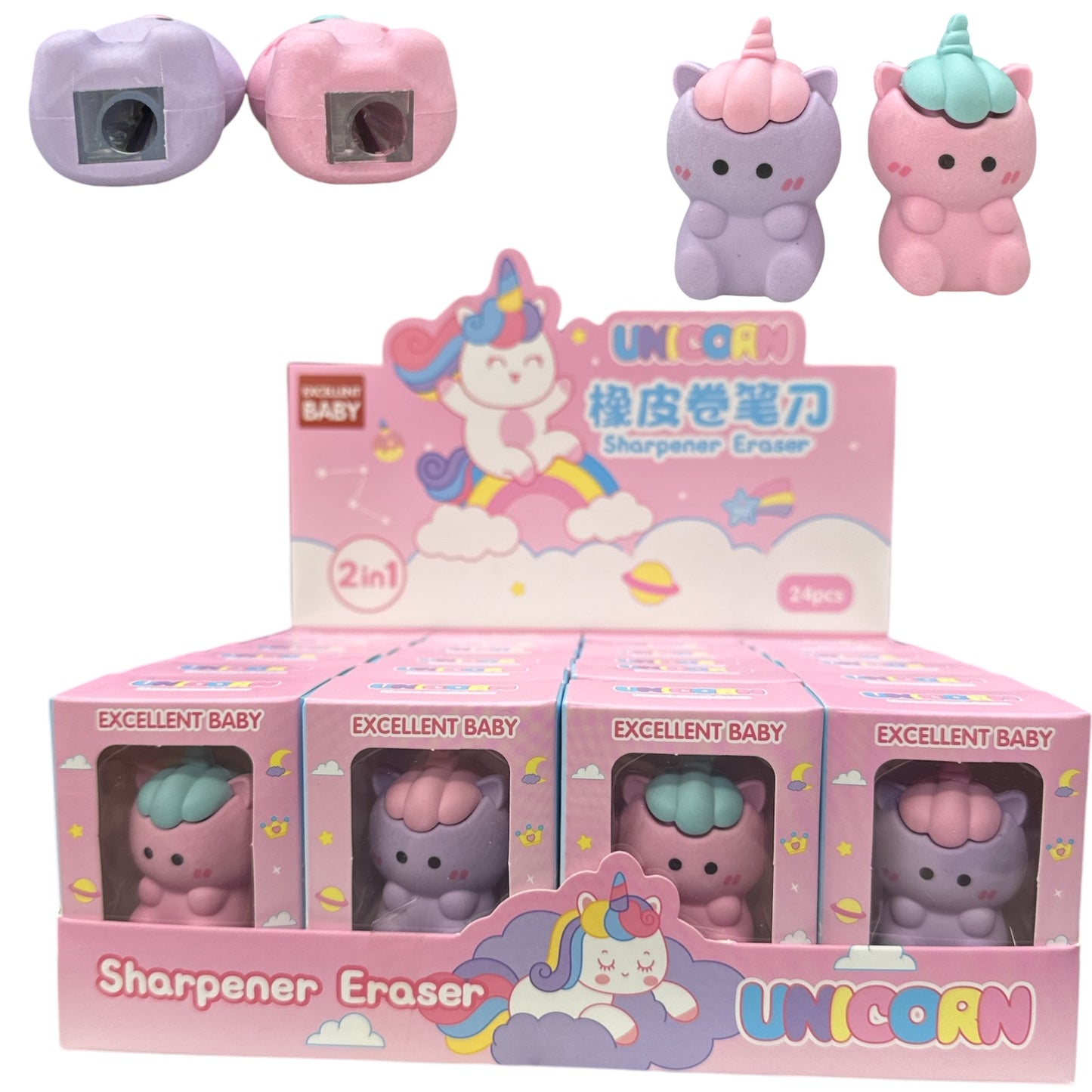 24PCS UNICORN 2 IN 1 SHARPENER ERASER FB01