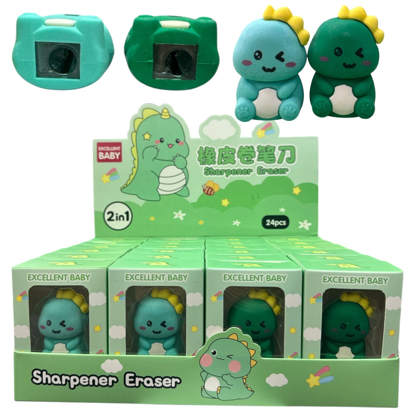 24PCS DISPLAY DINOSAUR 2 IN 1 SHARPENER ERASER FB01