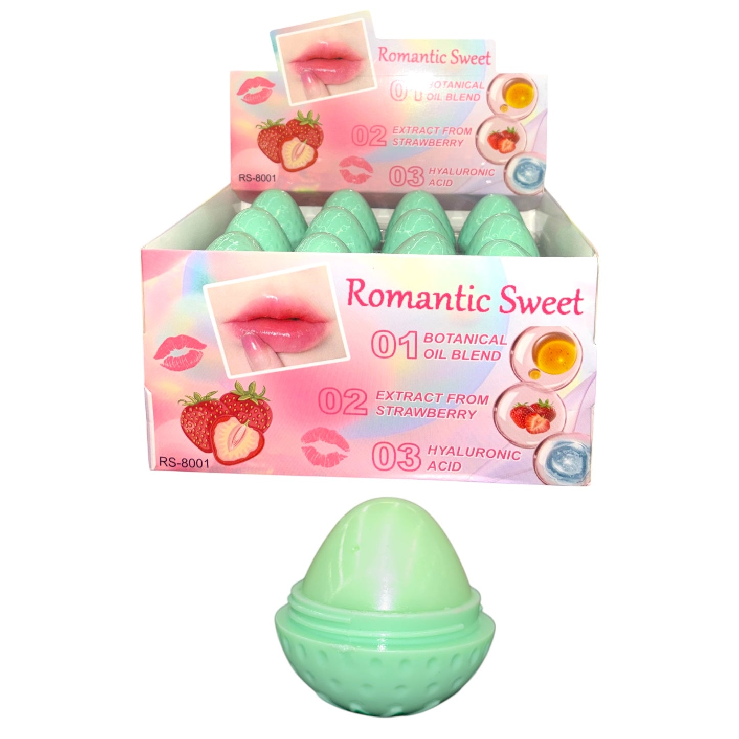 24PCS DISPLAY ROMANTIC SWEET GREEN STRAWBERRIES LIP BALM RS-8001