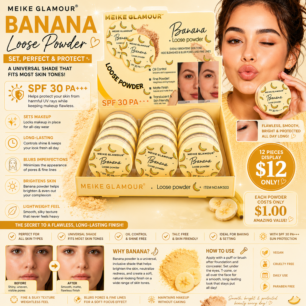 12PCS MEIKE GLAMOUR BANANA SETTING POWDER MK503