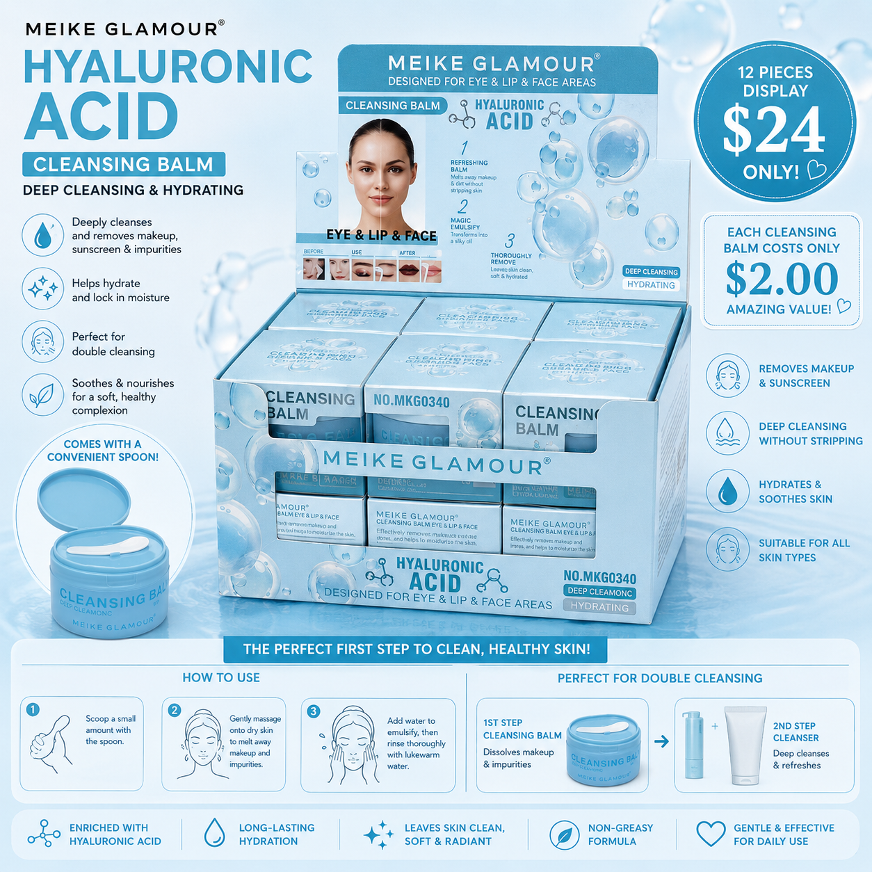 12PCS MEIKE GLAMOUR HYALURONIC ACID MAKEUP REMOVER CREAM MKG0340