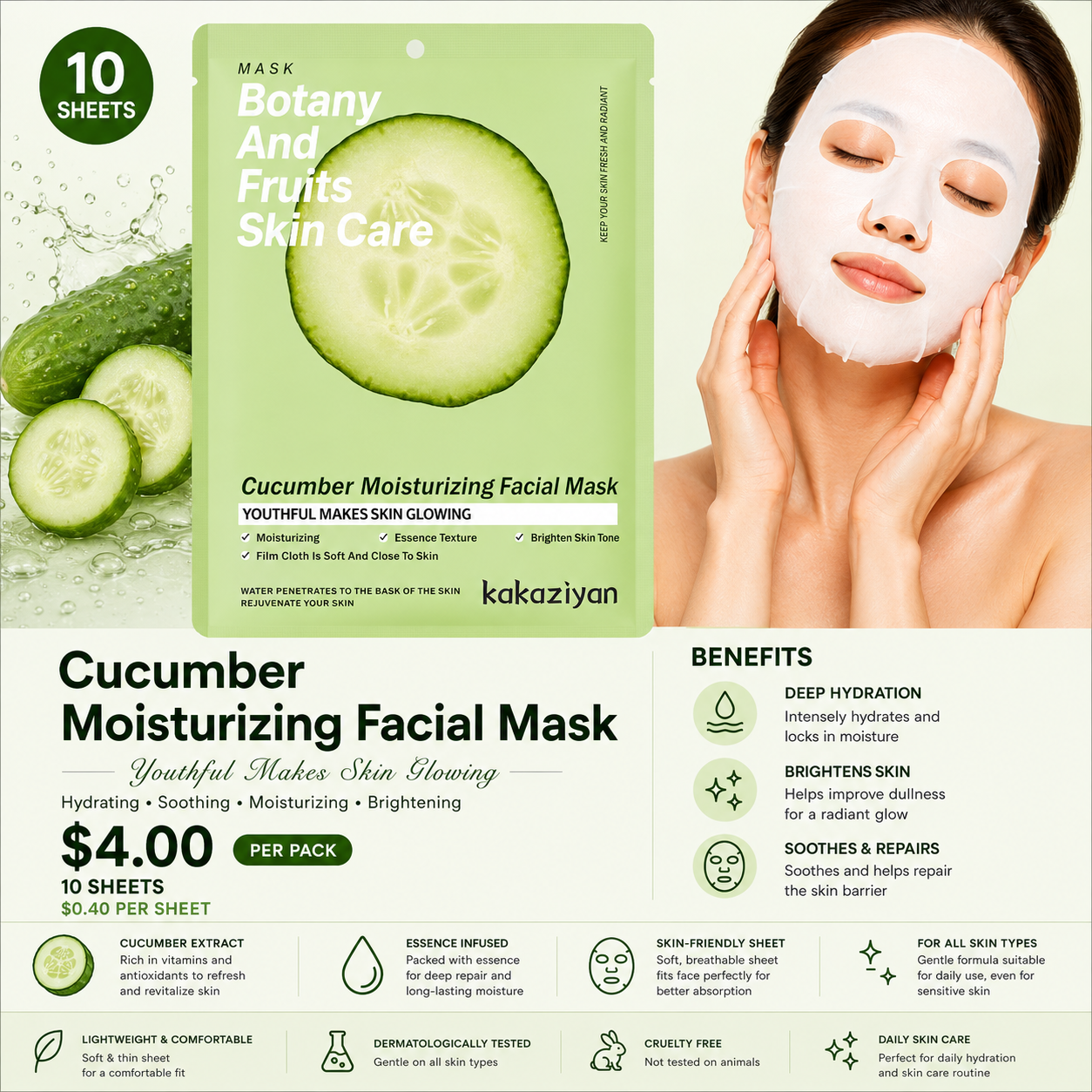 10PCS PACK KAKAZIYAN FACE-MASK CUCUMBER M53
