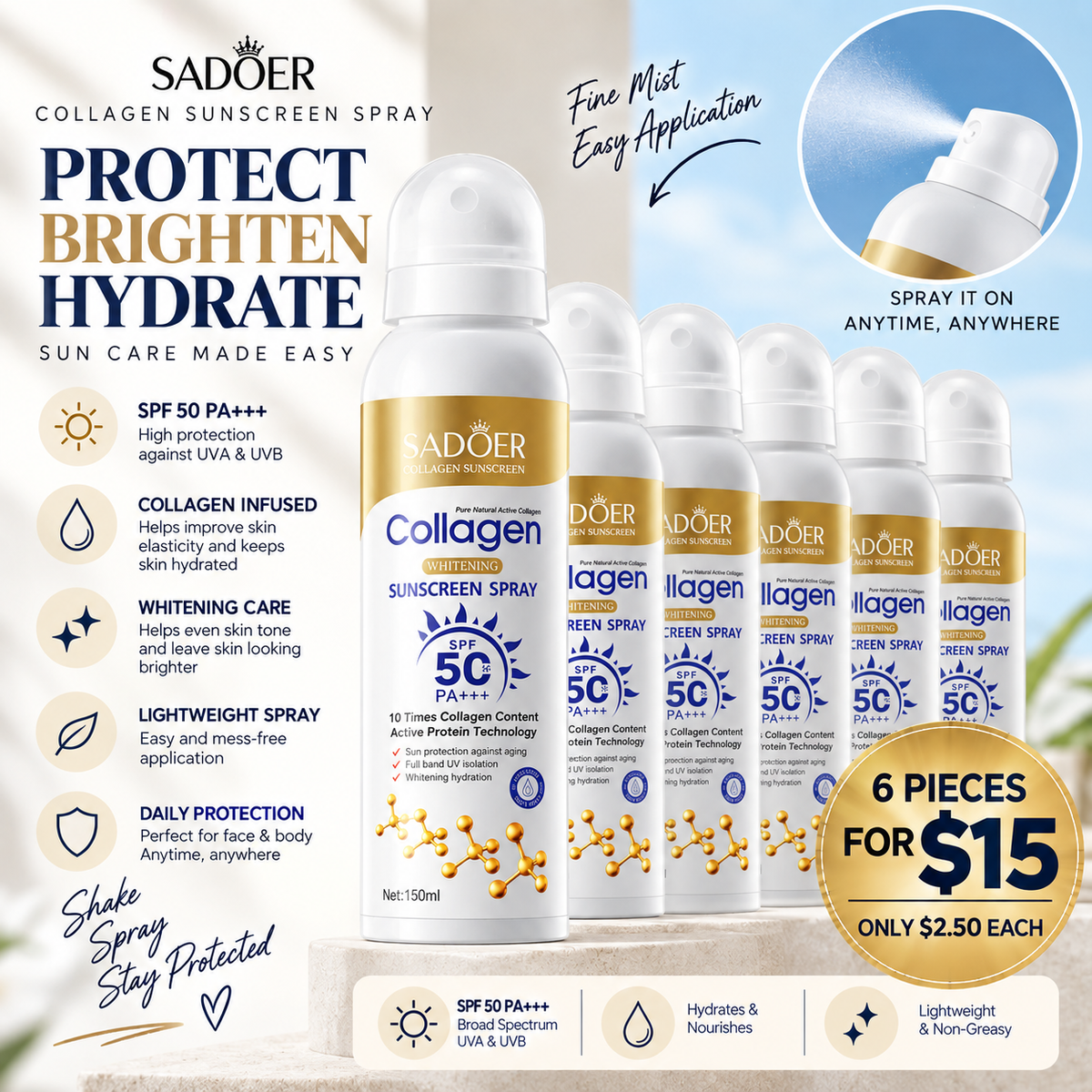 6PC SADOER COLLAGEN SPRAY SUNSCREEN SD38142