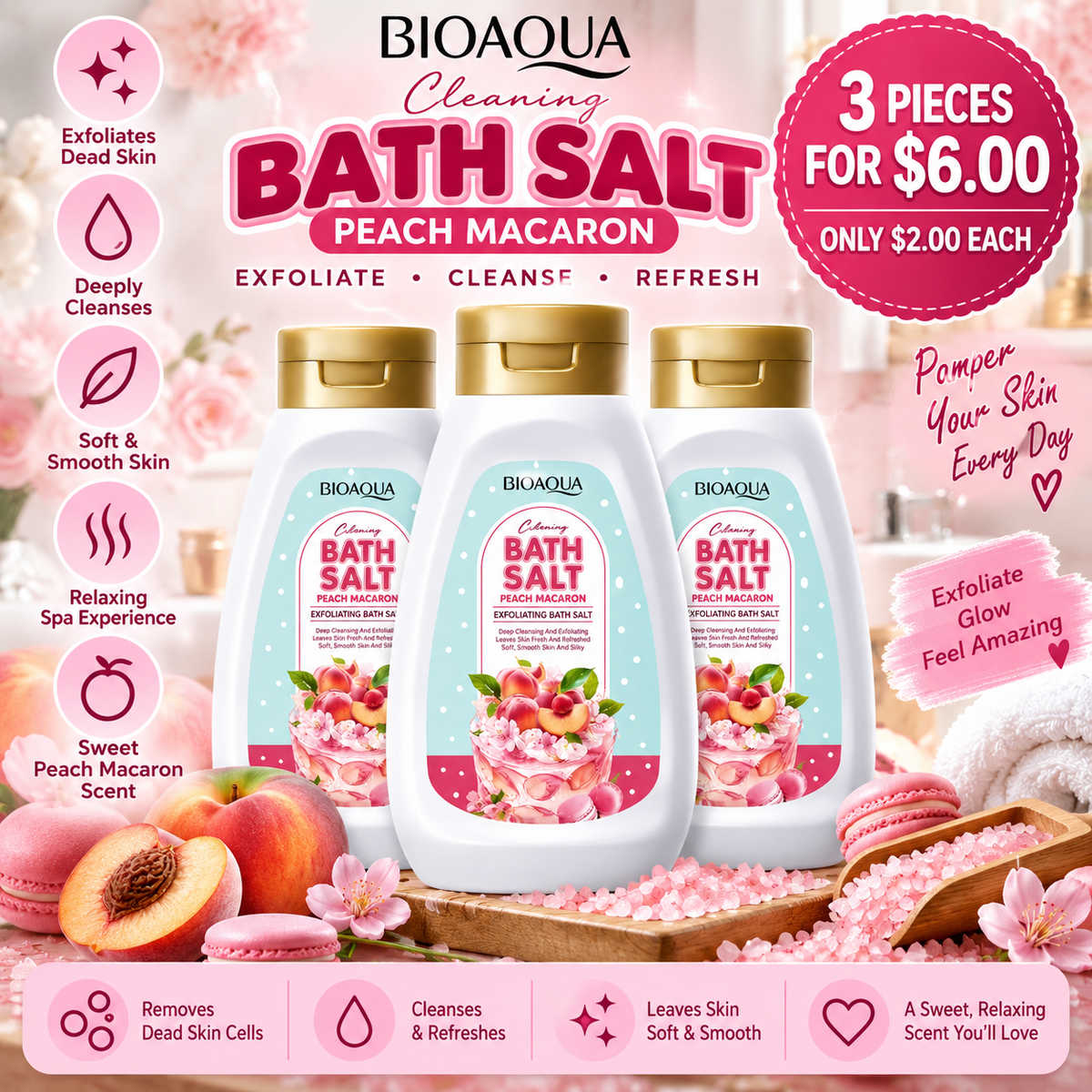 3PCS BIOAQUA BATH SALT PEACH MACARON