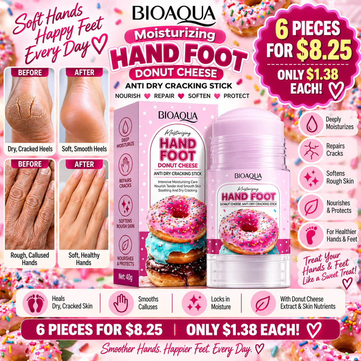 6PCS BIOAQUA DONUT CHEESE HAND AND FOOT STICK