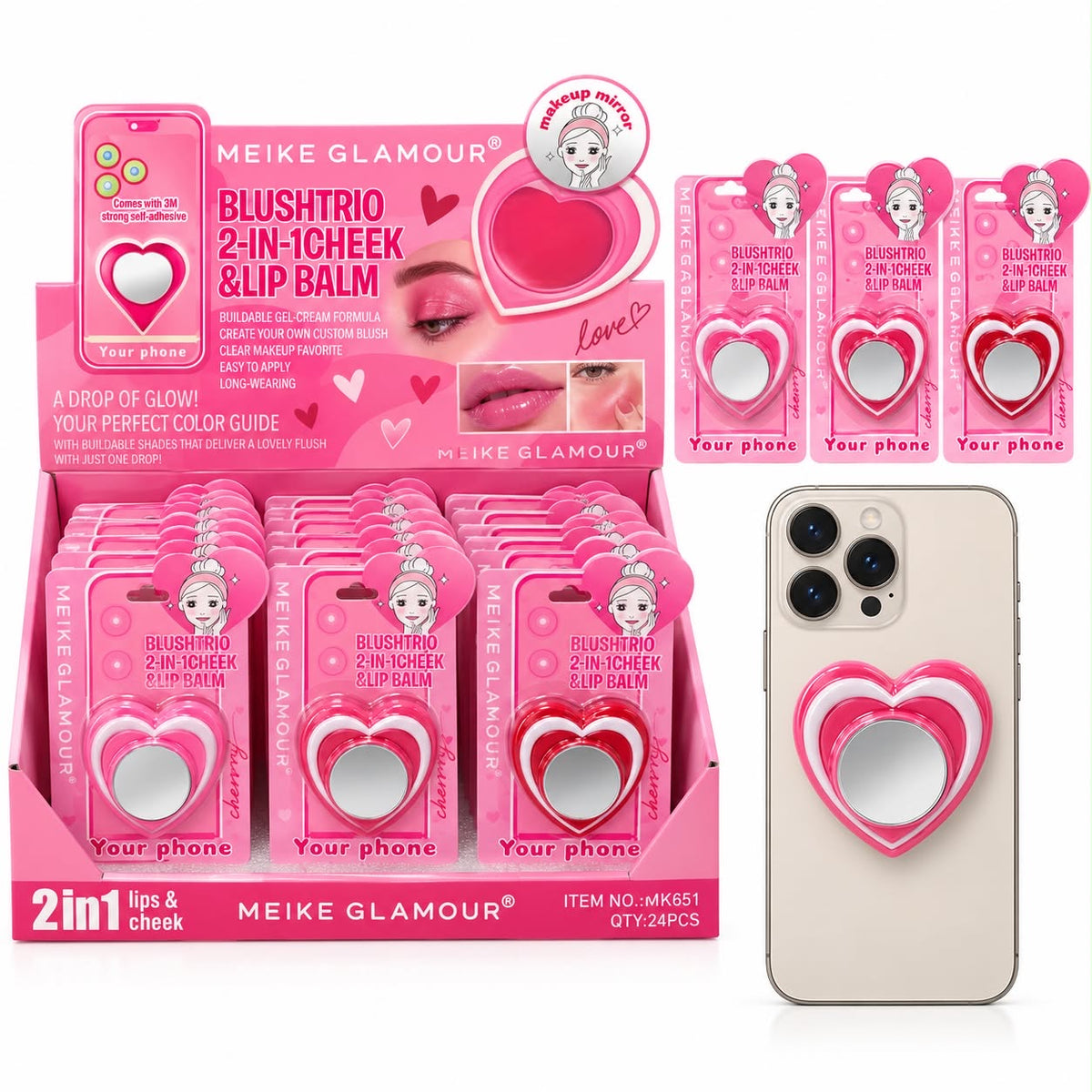Meike Glamour Heart Blushtrio 2in1 Cherk & Lip Balm + Phone Holder