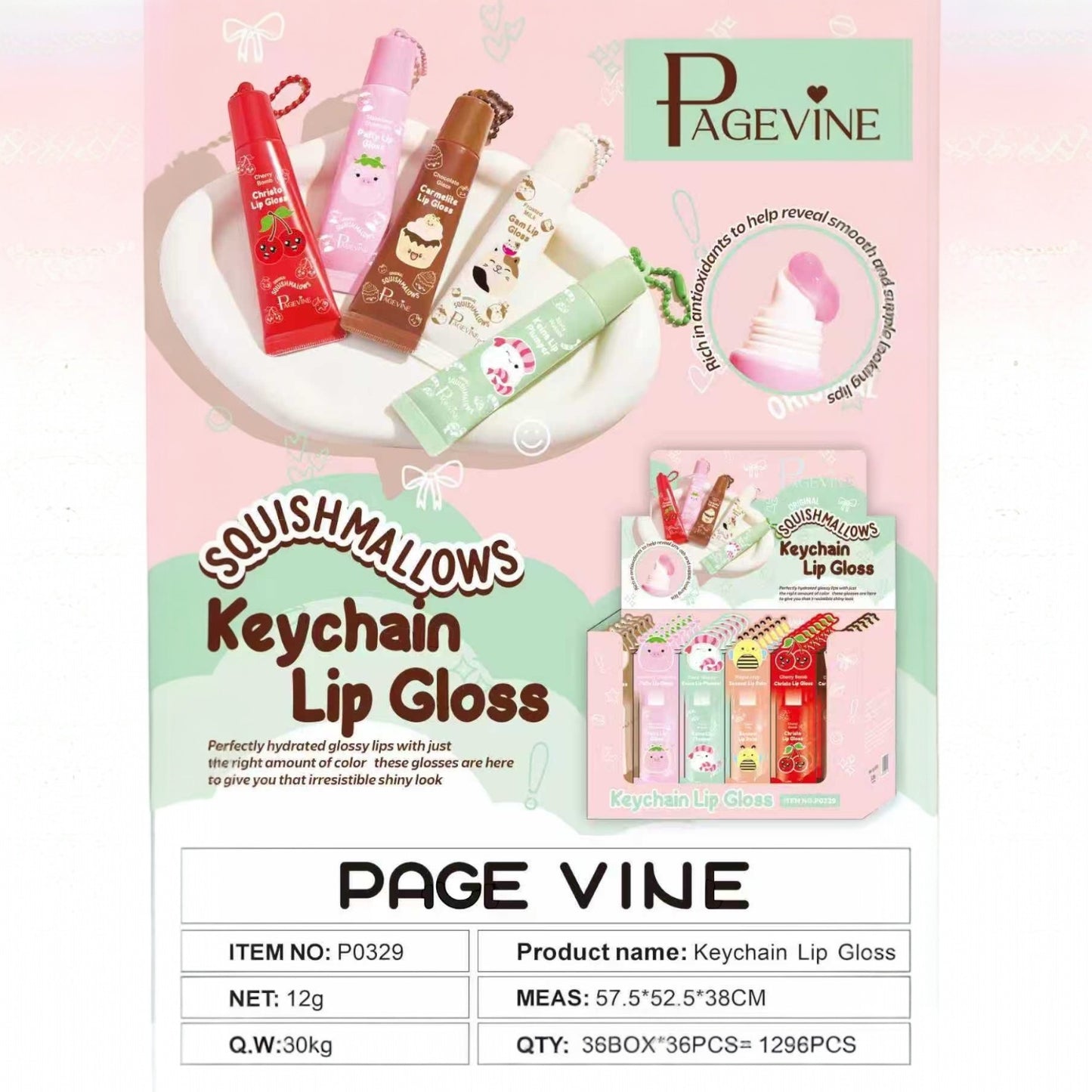 36PCS DISPLAY PAGEVINE SQUISHMALLOWS KEYCHAIN LIP GLOSS PO329