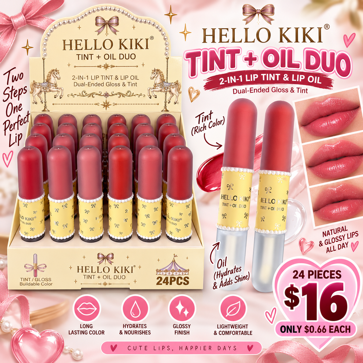 24PCS DISPLAY HELLO KIKI 2 IN 1  TINT + LIP OIL DUO WH-7120