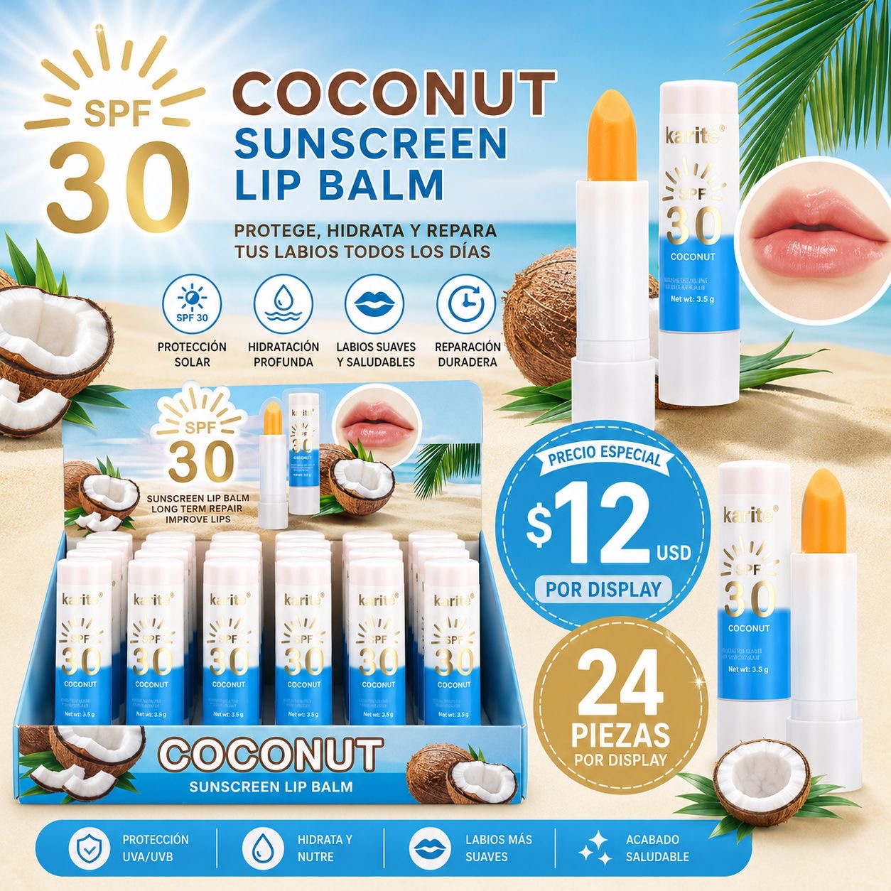 24PCS DISPLAY KARITE COCONUT SUNSCREEN LIP BALM 29249-47A