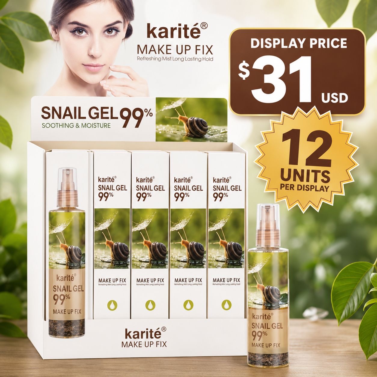 12PCS DISPLAY KARITE  SNAIL GEL SOOTHING & MOISTURE MAKE UP FIX SPRAY 2072-47SN