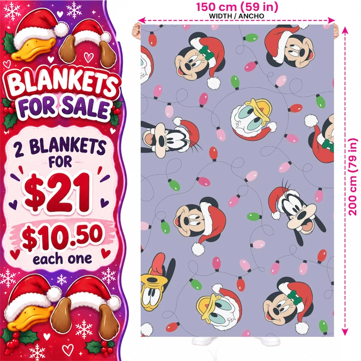 2PCS PURPLE CHRISTMAS DISNEY FRIENDS BLANKET D-9