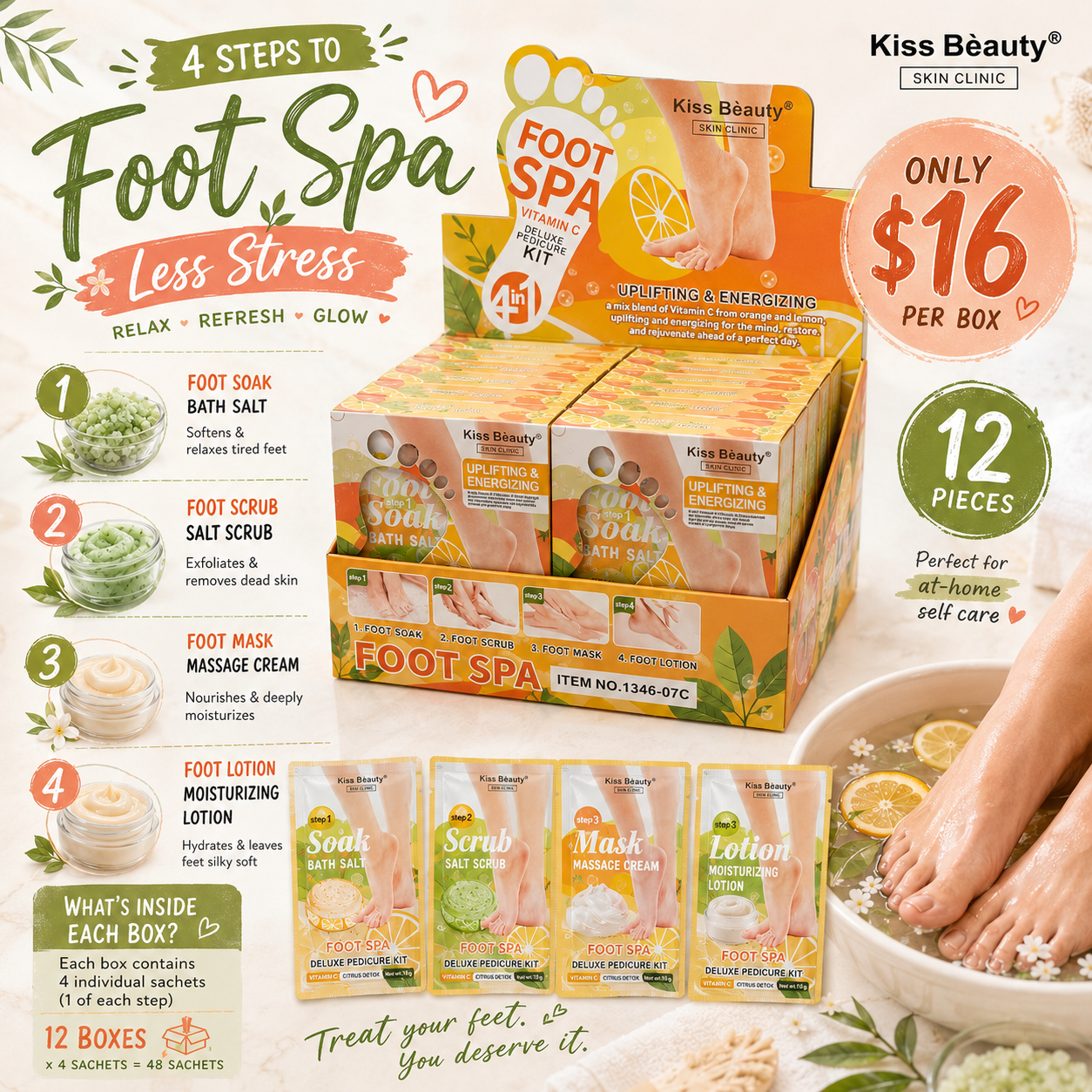 12PCS DISPLAY KISS BEAUTY VITAMIN C 4 IN 1 DELUXE PEDICURE KIT 1346-07C