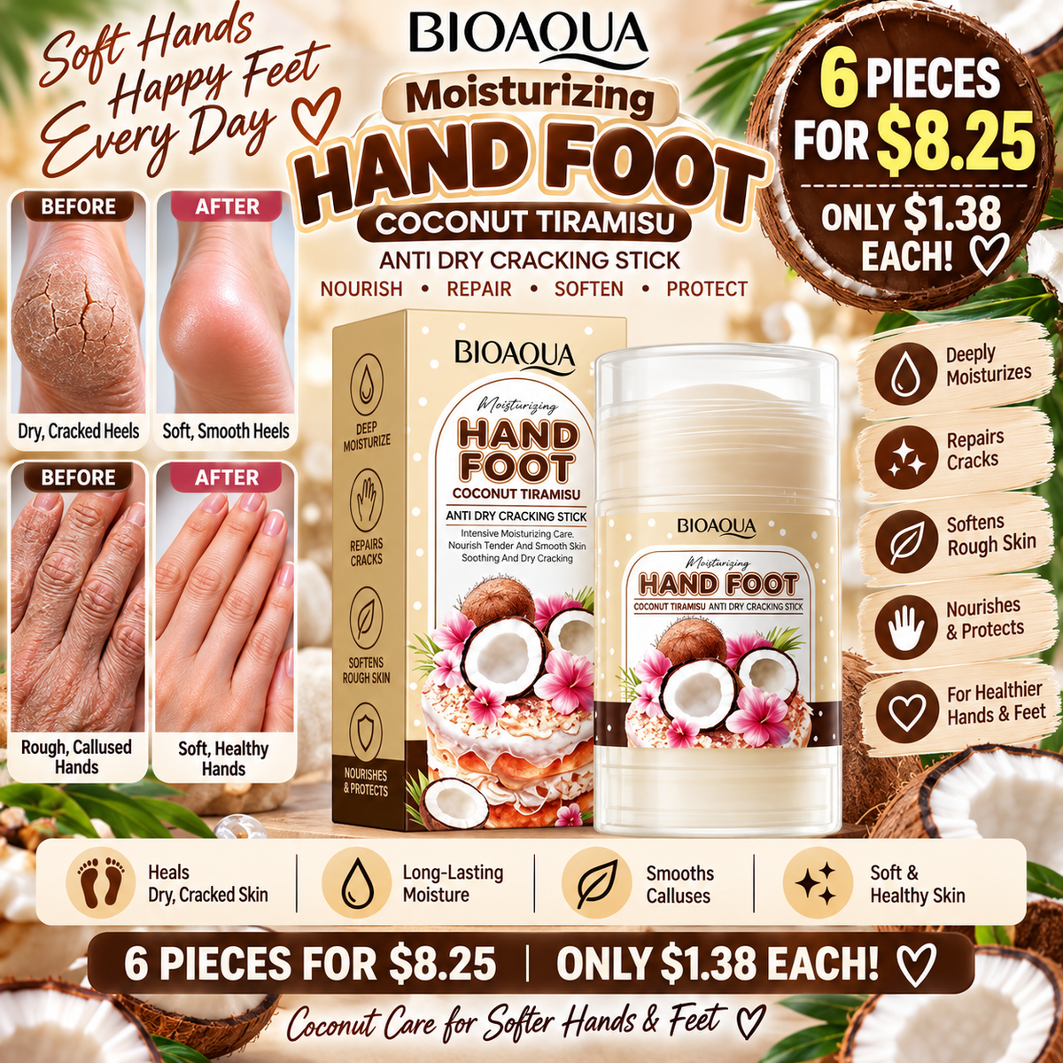 6PCS BIOAQUA COCONUT TIRAMISU HAND AND FOOT STICK