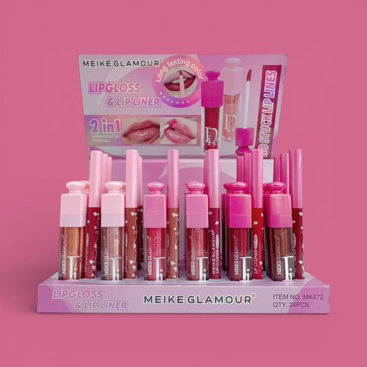 24PCS DISPLAY WATERPROOF MEIKE GLAMOUR LIPGLOSS + LIP LINER MK472