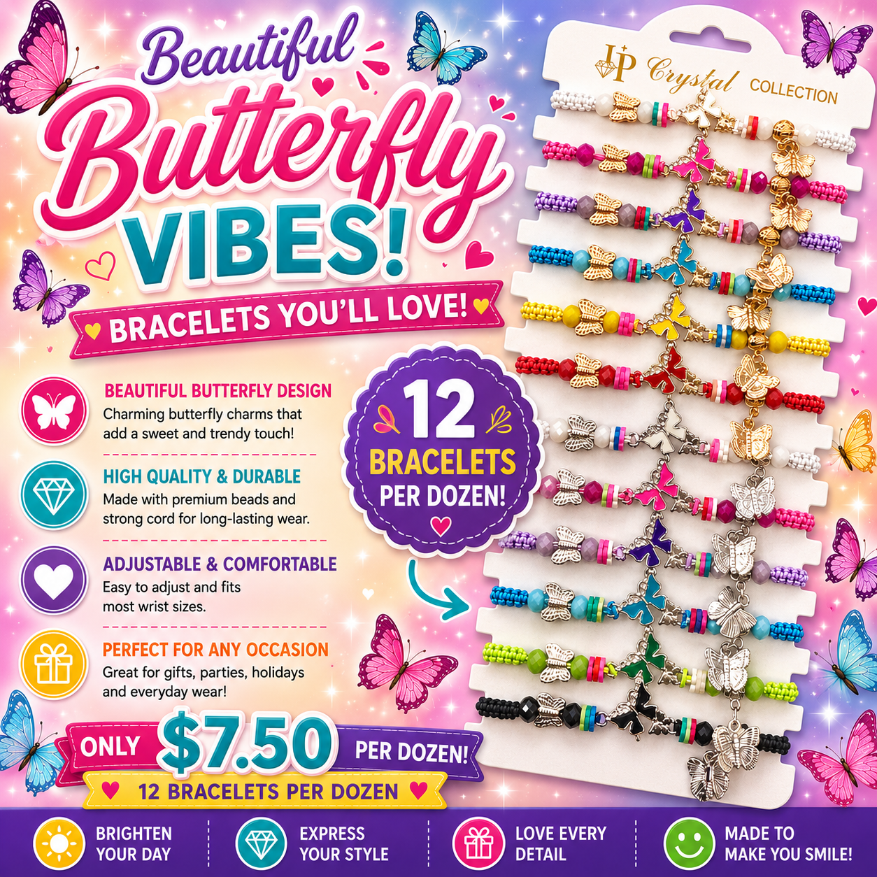 12PCS PACK BUTTERFLY COQUETTE STRING BRACELET YBT-4902