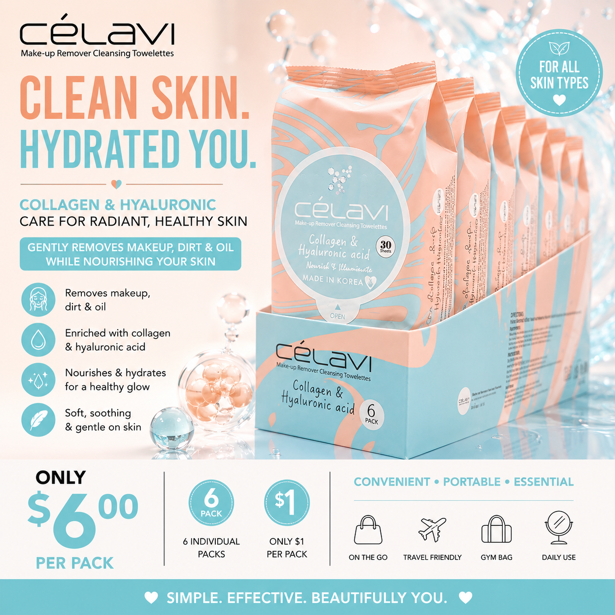 6PCS DISPLAY CELAVI COLLAGEN & HYALURONIC ACID MAKE-UP REMOVER CLEANSING TOWELETTES MT024
