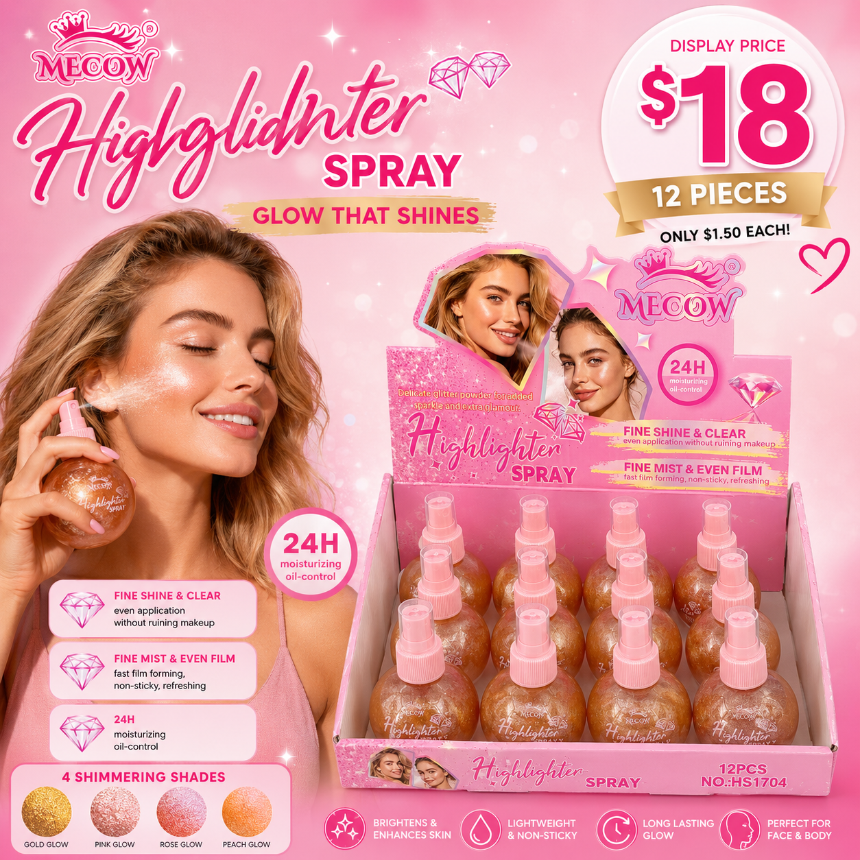 12PCS DISPLAY HIGHLIGHTER SPRAY SPARKIE & GLAMOUR HS1704