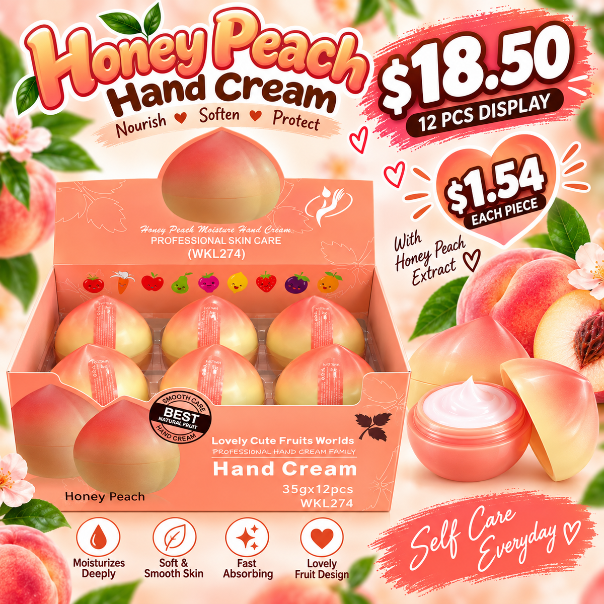 12PCS DISPLAY PEACH  FRUIT FIGURE HAND CREAM WKL274