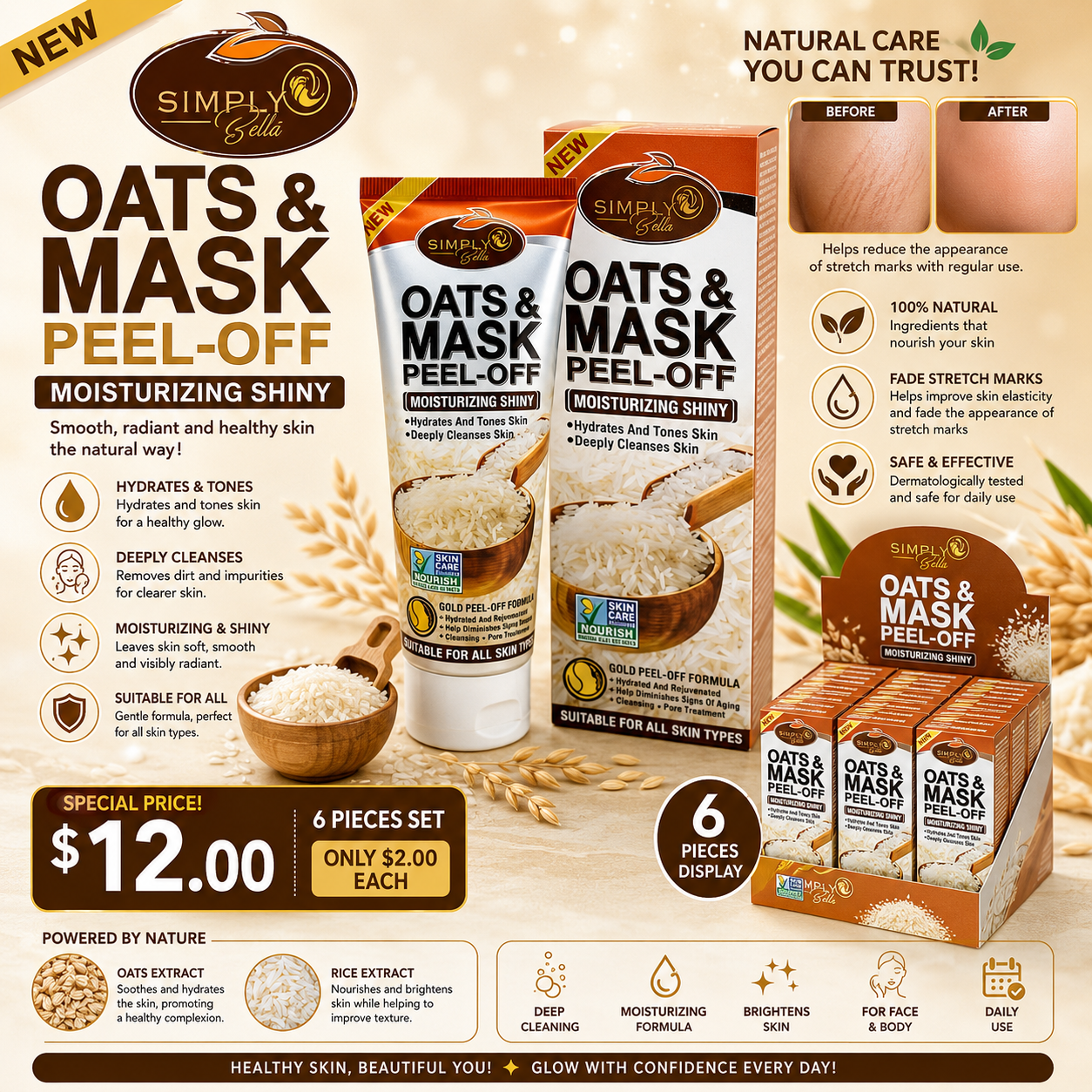 6PCS SIMPLY BELLA OATS &  MASK PEEL-OFF SIB1033
