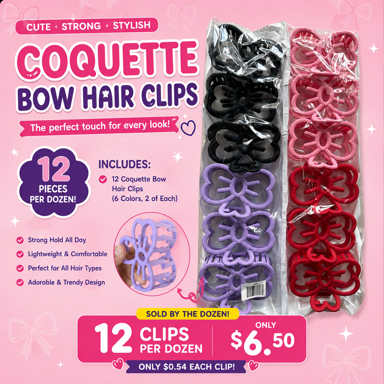 12PCS PACK COQUETTE BOW HAIR CLIPS BHC7