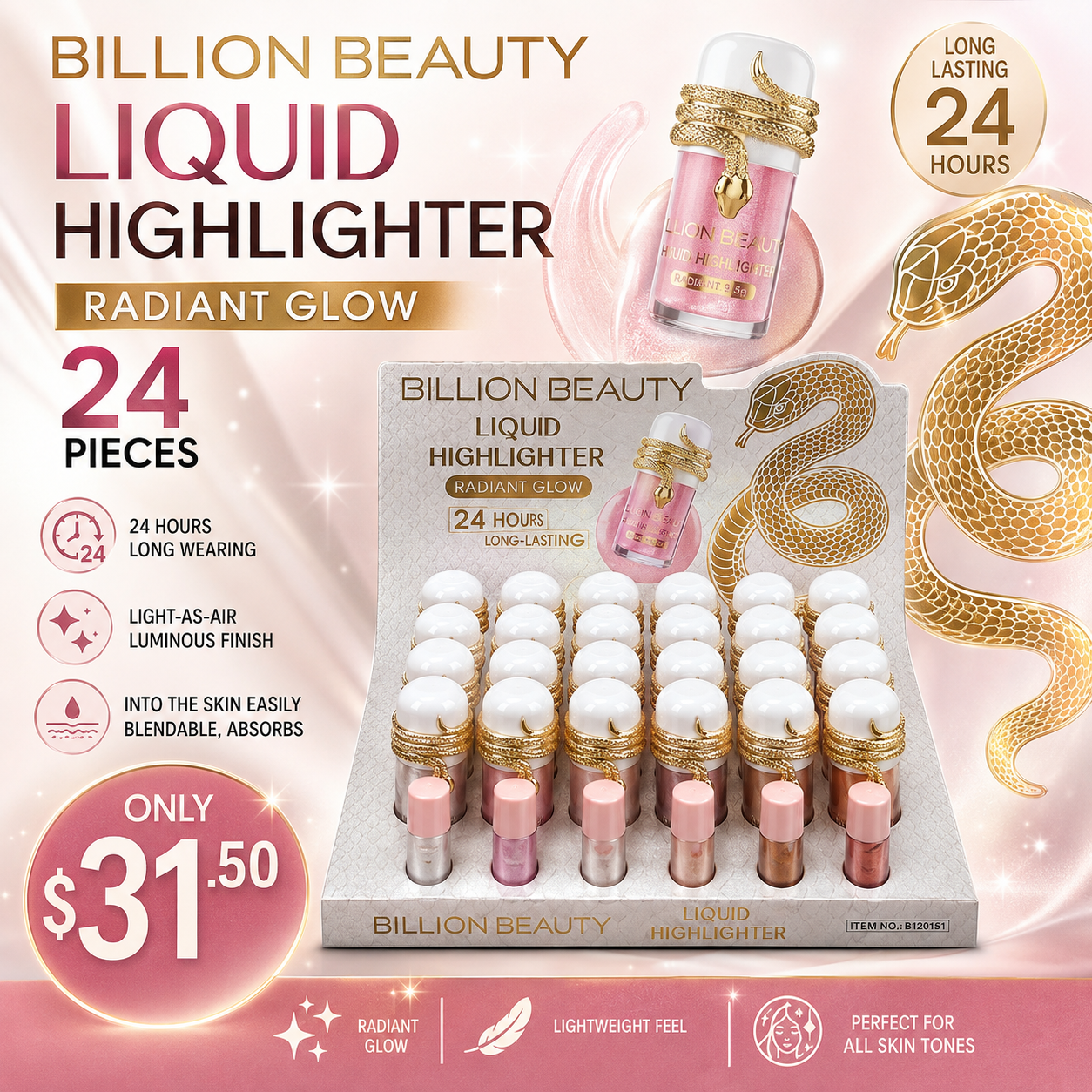 24PCS DISPLAY BILLION BEAUTY SNAKE 6 COLOR  LIQUID HIGHLIGHTER B70151
