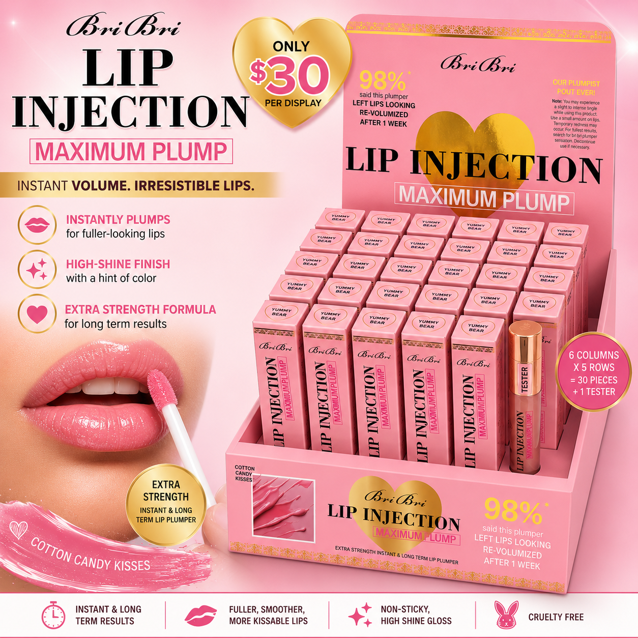 30PCS DISPLAY BRIBRI BEAUTY INSPO TOO FACED LIP INJECTION MAXI PLUMPING  8004