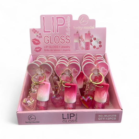 12PCS DISPLAY LUCKY MODEL LIP GLOSS + HEART CHARM ML8127B