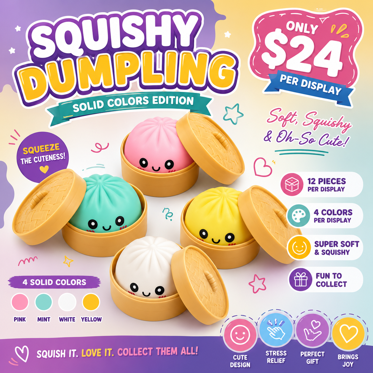 12PCS DISPLAY MYSTERY SOLID COLOR  DUMPLING